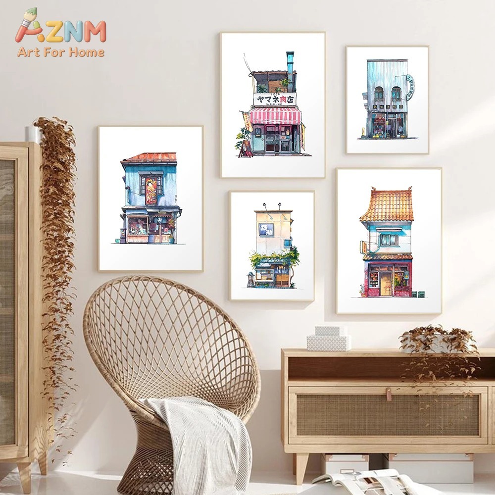 Home Decor Tokyo - AZNM Japanese Storefront Watercolor Canvas Wall